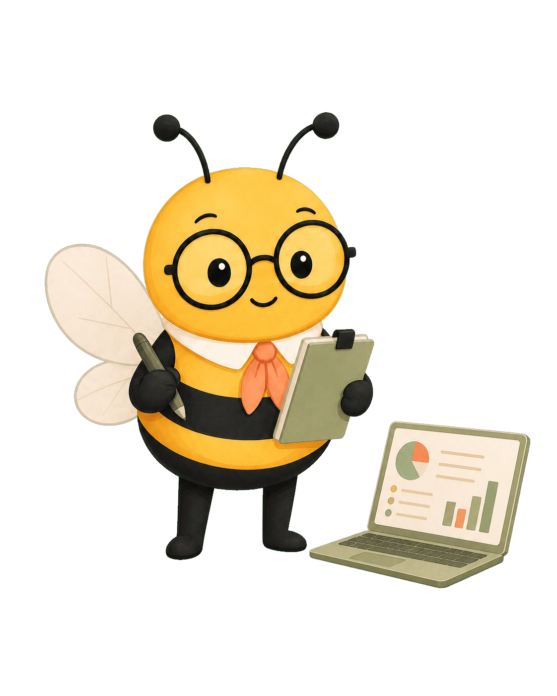 cutePR bee working next to a report laptop.